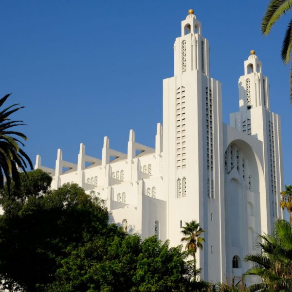 This imposing cathedral is built in a neo-Gothic style with Moroccan Art Deco and Muslim influences. The windows that pierce the upper parts of the cathedral.